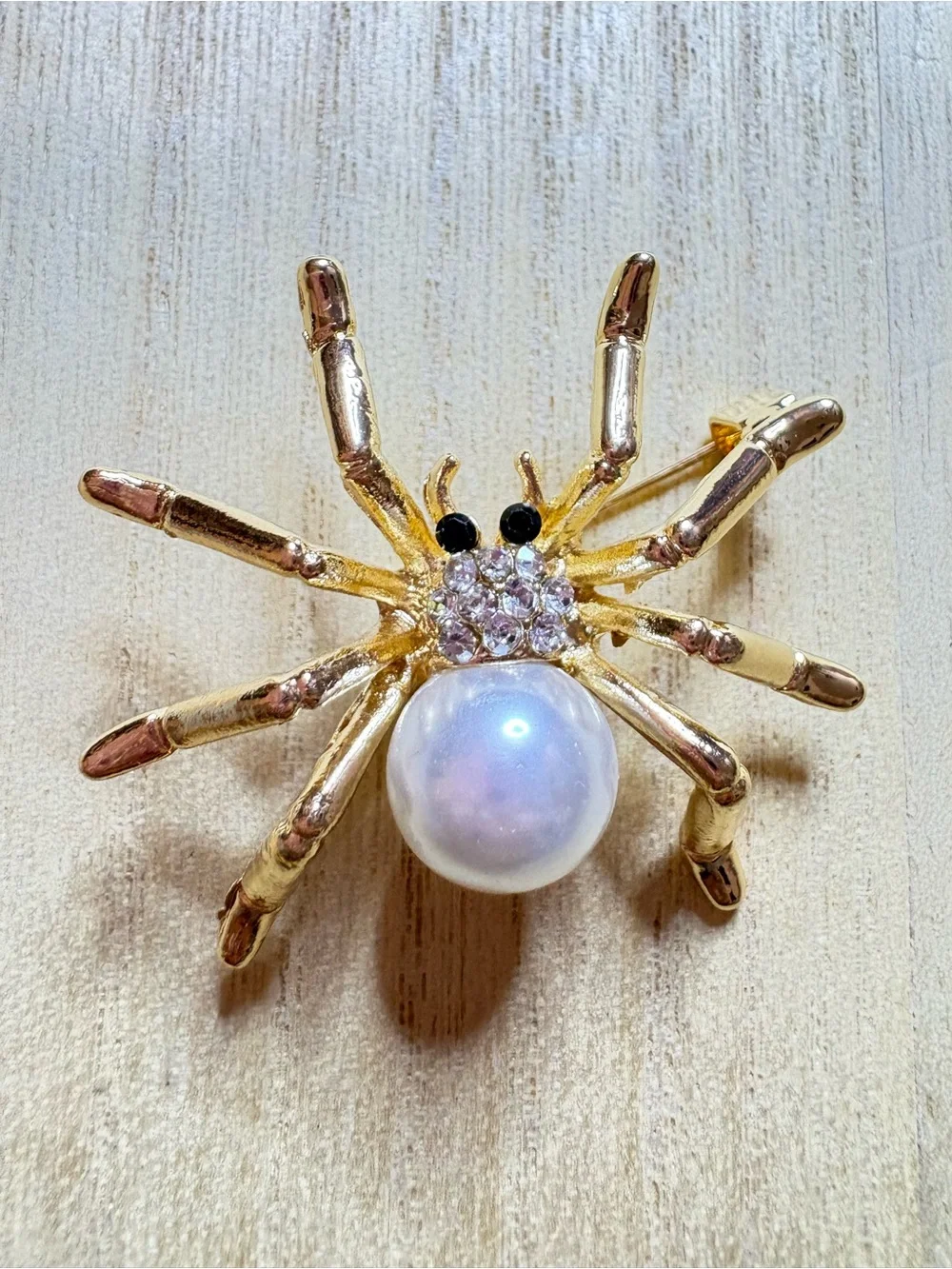 Gold Pearl Spider Brooch with Clear Crystals - Women's Jewelry